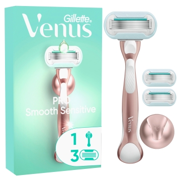 Gillette Venus Nassrasierer - Smooth Sensitive + 3 Ersatzklingen + Duschhalterung - Roségold